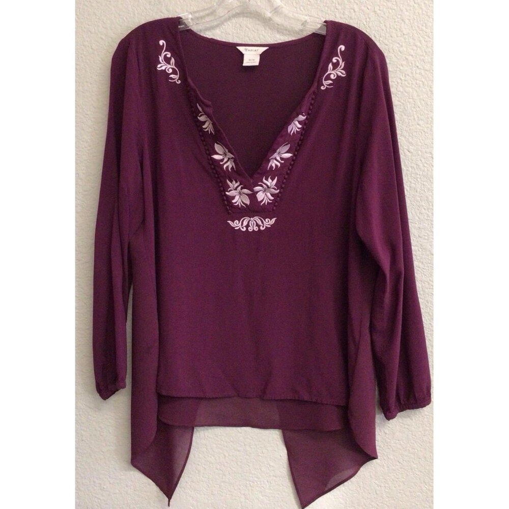 Ariat Poet Women’s Sheer Embroidery Floral Detail Flowy Blouse Burgundy Medium